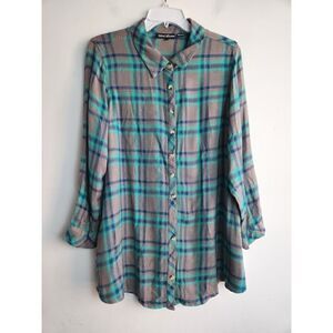 Tolani Collection Blue/Green/Grey Plaid & Floral Button Down Shirt size Large P